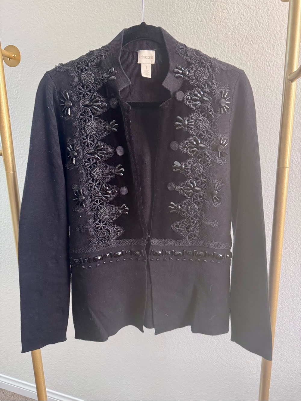 Chico's Black Embroidered Beaded Knit Jacket